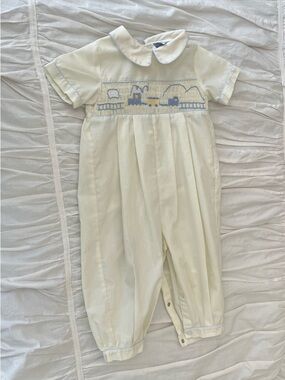 Yellow Smocked Romper with Blue & Yellow Train